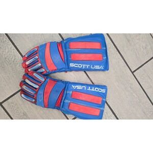 Vintage Scott USA Ski Gloves Padded Leather Red Blue Retro Winter Sports Small